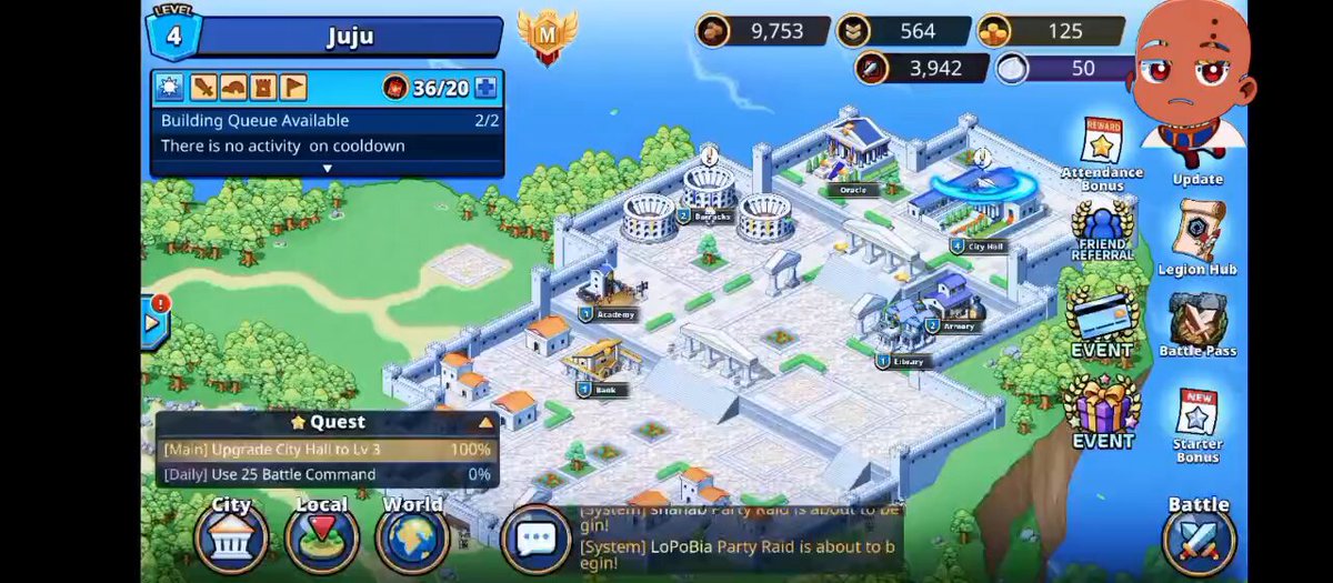 The image features a screenshot of a video game menu screen with various icons representing different gameplay elements such as "CoK/COC", "Pocket Legends", or "Pocket Roman". There are also some numbers and words displayed that seem to describe the game, potentially indicating a recent release date like "one week since Pocket Legions by @Mintory_labs went live". The post suggests that the player should try out the game if they enjoyed playing COK/COC (Pocket Legends) recently.