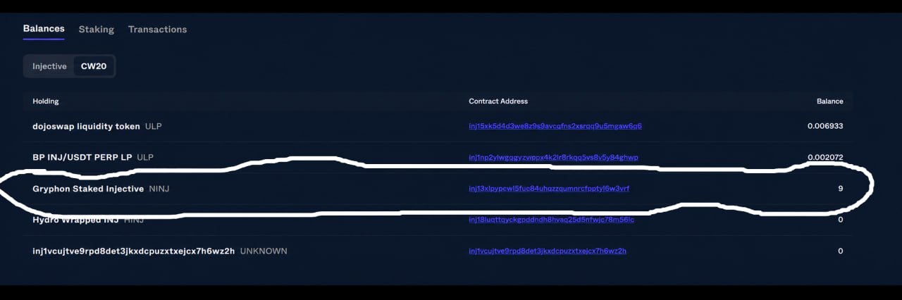 Cryptocurrency wallet balances screen showing holdings including dojoswap liquidity token (0.006933), BP INJ/USDT PERP LP (0.002072), and a circled entry for 'Gryphon Staked Injective (NINJ)' with a balance of 9.