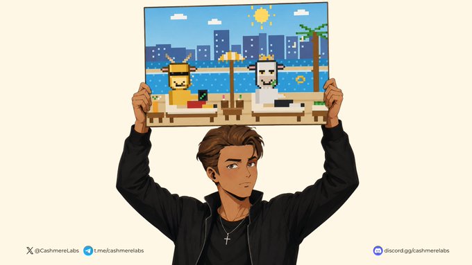 An illustrated man with brown hair wearing a black jacket holds up a pixel art image depicting two characters at a beach; social handles for CashmereLabs are at the bottom.