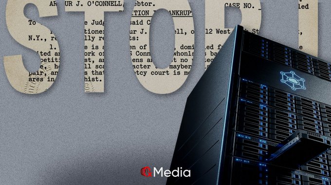The image shows the letters "S O" overlaid on newspaper clippings about bankruptcy proceedings and a dark server rack displaying the Storj logo, with "Media" watermarked at the bottom—visually illustrating the Storj Labs bankruptcy filing mentioned in the accompanying post.