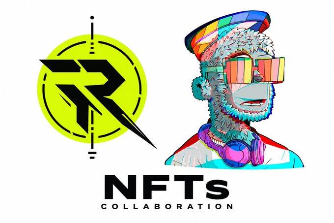 A promotional graphic featuring a neon yellow 'R' logo next to a colorful illustrated character with sunglasses and headphones, labeled 'NFTS COLLABORATION'.