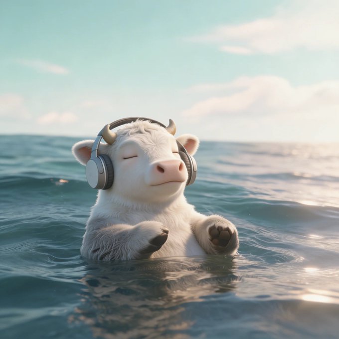 A serene white cow wearing headphones floats peacefully in the ocean, eyes closed in blissful relaxation as it listens to music while gently bobbing in the water.

The image whimsically visualizes the phrase "Built on ___" by depicting a content cow "chilling" in calm waters — suggesting the blank should be filled with something like "chill vibes," "good vibes," or a playful term conveying relaxation and ease.