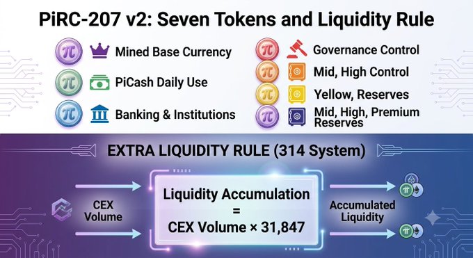 The image is an infographic titled "PiRC-207 v2: Seven Tokens and Liquidity Rule" that lists seven token categories—Mined Base Currency, PiCash Daily Use, Banking & Institutions, Governance Control, Mid/High Control, Yellow Reserves, and Mid/High/Premium Reserves—alongside a formula showing "Liquidity Accumulation = CEX Volume × 31,847" as part of the "EXTRA LIQUIDITY RULE (314 System)," illustrating how the core 1 Mined Pi value connects to broader CEX and liquidity computations referenced in the PiRC repository explanation.