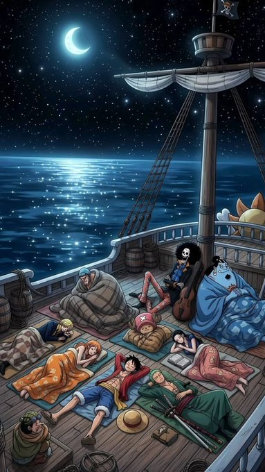 A group of Straw Hat Pirates from One Piece, including Luffy, Zoro, Nami, Sanji, Usopp, Chopper, Robin, and Franky, sleep peacefully on the deck of the Going Merry under a starry sky with a crescent moon, evoking a calm "good night" mood that matches the post's dream of reaching the top leaderboard on @quipnetwork.