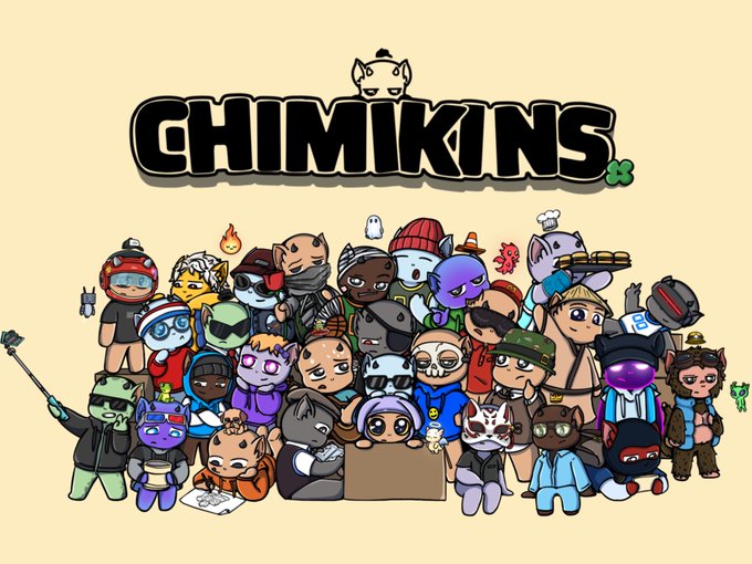 Promotional artwork for the 'Chimikins' NFT collection, showing a colorful group of cartoon characters with various animal features and accessories.