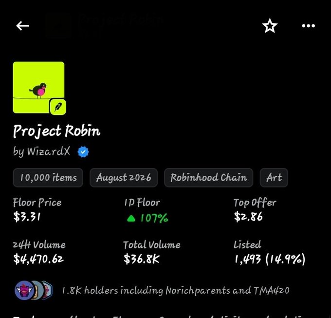 Screenshot of an NFT collection page titled 'Project Robin' by WizardX on the Robinhood Chain, showing 10,000 items, a floor price of $3.31, 1D floor up 107%, and 1.8K holders.