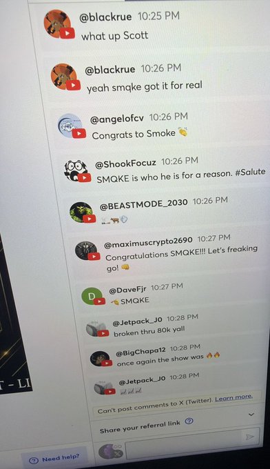 A screenshot of a YouTube live chat showing viewers congratulating "SMQKE" on breaking the 80k vote barrier and securing a victory, with messages like "SMQKE is who he is for a reason. #Salute" and "broken thru 80k yall" flooding the chat. The celebratory comments align with the post's mention of "Secured the victory," capturing the live audience's excitement following a Crypto Verdict show appearance.