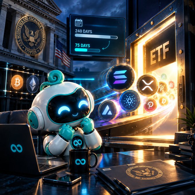 An AI-generated illustration featuring a cute teal and white robot with infinity symbol logos, set against a backdrop of the U.S. Securities and Exchange Commission building, cryptocurrency icons, and an 'ETF' sign with progress bars reading '240 DAYS' and '75 DAYS'.