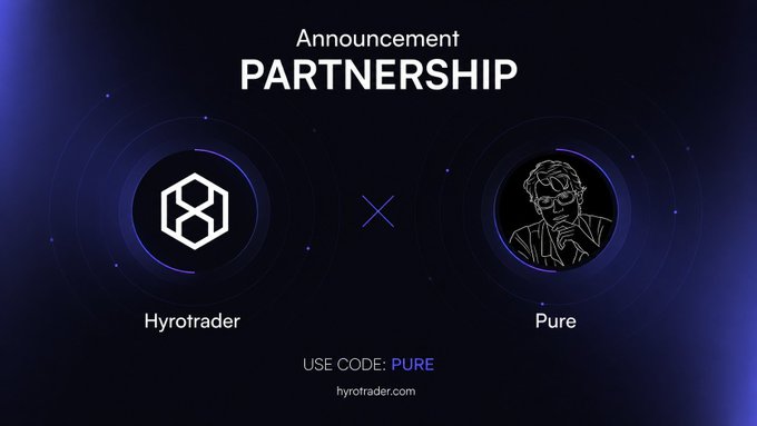 A dark blue promotional graphic announcing a 'PARTNERSHIP' between 'Hyrotrader' and 'Pure', featuring their respective logos, an 'X' between them, and the text 'USE CODE: PURE' along with the website 'hyroftrader.com'.
