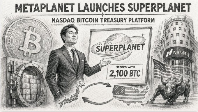 An illustrated advertisement reads 'METAPLANET LAUNCHES SUPERPLANET NASDAQ BITCOIN TREASURY PLATFORM' with 'SEEDED WITH 2,100 BTC,' showing a businessman alongside Bitcoin imagery, a vault, a US map, an American flag, and the Nasdaq building.