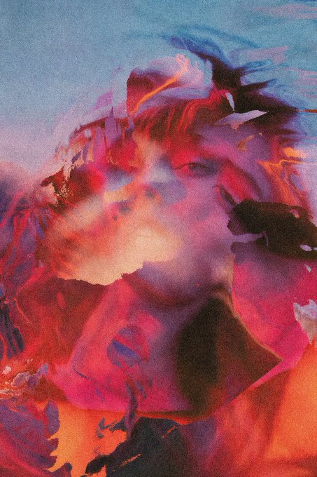 An abstract, expressionist-style digital artwork dominated by bold strokes of red, magenta, and orange that suggest a fragmented face or figure, accented by dark silhouetted bird-like shapes against a soft blue sky background.