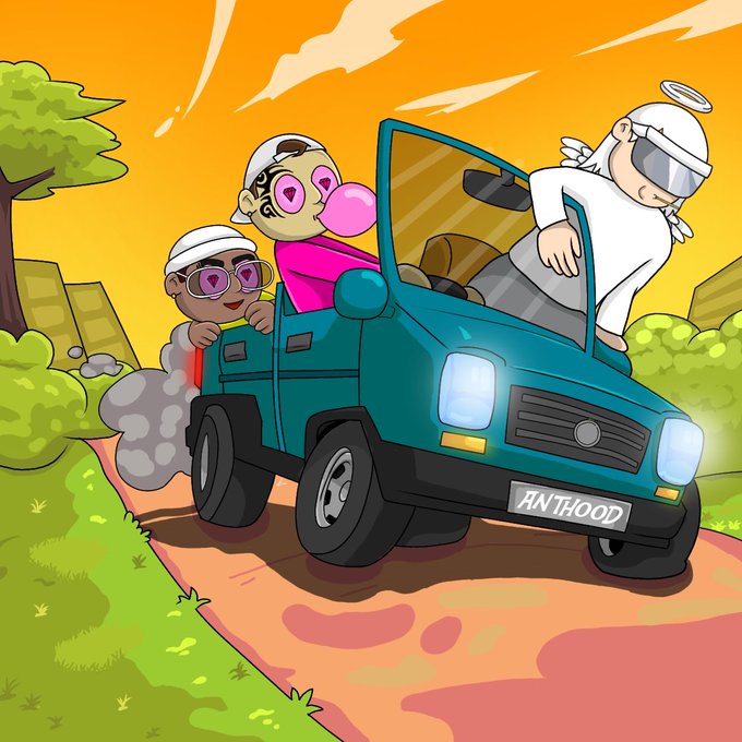 A cartoon illustration shows three characters driving a teal truck with the license plate 'ANTHOOD,' featuring one person leaning out the window blowing a pink bubblegum bubble.