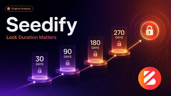 A promotional graphic for Seedify featuring the headline "Seedify: Lock Duration Matters" alongside a visual progression of four lock tiers—30, 90, 180, and 270 days—each represented by glowing padlocks ascending toward a larger lock icon, illustrating how longer SFUND staking periods relate to launchpad allocation positioning.