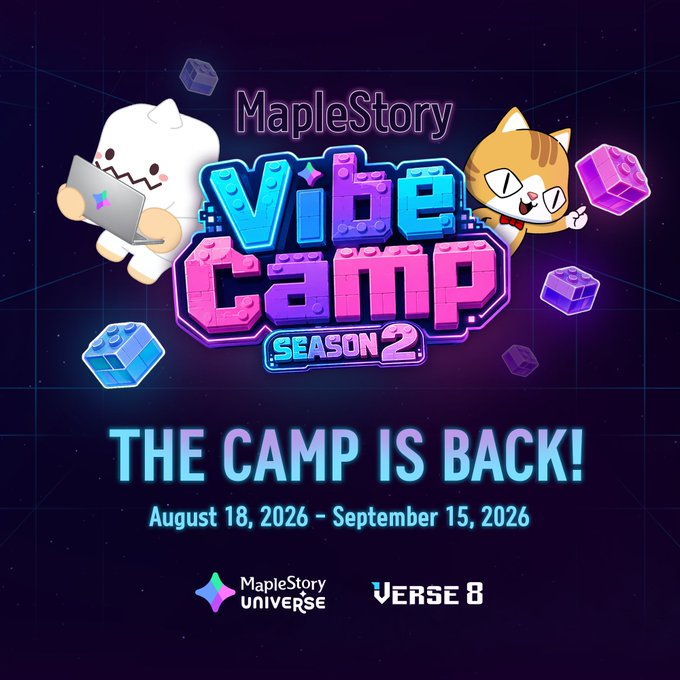 A promotional graphic for MapleStory Vibe Camp Season 2, announcing 'THE CAMP IS BACK!' from August 18, 2026 - September 15, 2026, featuring MapleStory Universe and VERSE 8 logos.