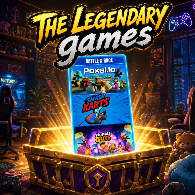 Vibrant promotional graphic titled 'THE LEGENDARY games' featuring a glowing treasure chest containing game panels for 'BATTLE & RACE' games Poxel.io, Smash Karts, and Stumble Guys.