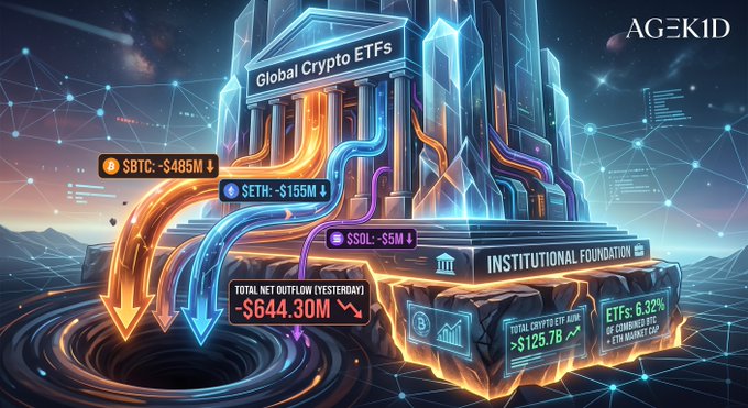 A digital illustration depicting Global Crypto ETFs with massive outflows, showing $BTC at -$485M, $ETH at -$155M, $SOL at -$55M, totaling -$644.30M net outflow yesterday, with ETFs comprising 6.32% of ETH market cap.