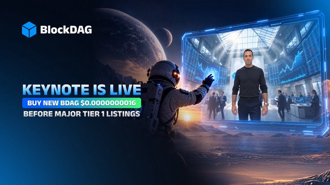 The image is a promotional graphic for BlockDAG featuring an astronaut reaching toward a holographic screen displaying a man in a futuristic setting, with text reading "KEYNOTE IS LIVE - BUY NEW BDAG $0.0000000016 BEFORE MAJOR TIER 1 LISTINGS," directly reinforcing the post's announcement of their surprise keynote event and pre-listing purchase opportunity.