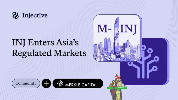 The image features an advertisement for a new fund called M-INJ that has been launched by Merkle Capital. The fund is designed as a regulated strategy and is available through a platform named injective. The fund's purpose is to provide exposure to Asian markets, which are currently not covered by any other fund in the market. This innovative approach allows investors across Asia to access this new fund and potentially benefit from its unique features.
