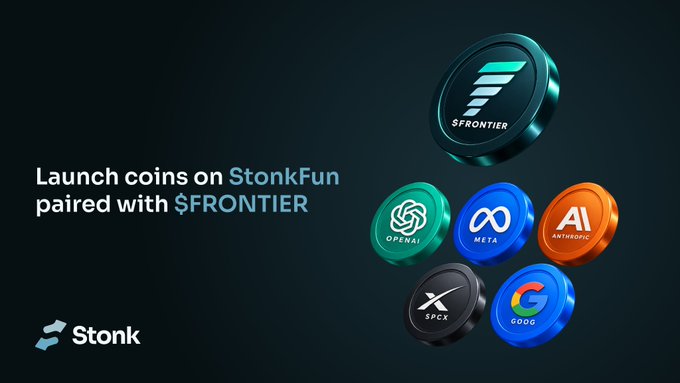 A promotional image for StonkFun displaying the text "Launch coins on StonkFun paired with $FRONTIER" alongside visual representations of five token baskets—$OPENAI, $META, $ANTHROPIC, $SPCX, and $GOOG—grouped under the $FRONTIER token, illustrating the new Baskets feature powered by DiversiFi that allows launching coins on Solana paired with multiple quote assets through a single basket token.