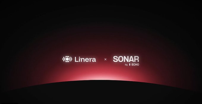 A dark promotional graphic with a red glow displaying the logos "Linera × SONAR by 1 ECHO," announcing Linera's new native token $LNRA following years of development.