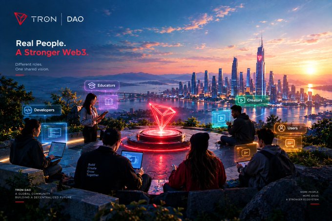 A TRON DAO promotional banner with the tagline 'Real People. A Stronger Web3.' depicting people using devices around a glowing TRX logo, with a futuristic city skyline at sunset.