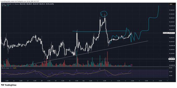 TradingView chart for Bitcoin (BTC/USDT) showing price action with technical analysis drawings including resistance lines, trend projections, and a circled high point near $67,000.