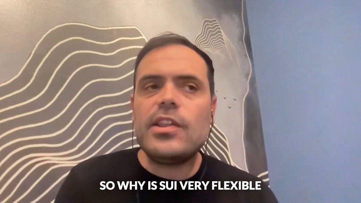 The image features a man wearing a black shirt, sitting down with his mouth open as if he's speaking or making a statement. The background behind him has a blue wall with white lines running across it, which adds an artistic touch to the scene. The caption of the image reads "So Why is Sui Very Flexible" and "SUI IS THE ONLY CHAIN that treated this as a core design principle that'S why POST-QUANTUM is plug and play on sui proud of the work @kostascrypto and team have put in to keep sui years ahead of the competition".