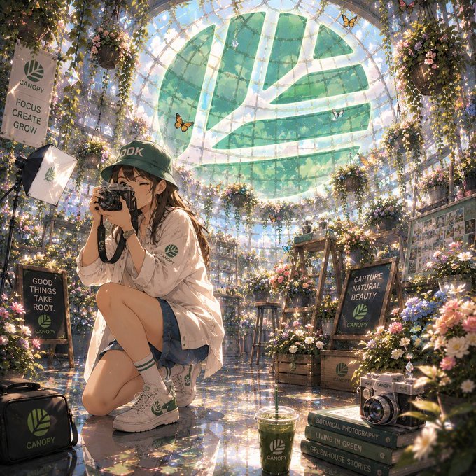 An anime-style illustration of a young woman photographer kneeling in a lush greenhouse surrounded by flowers, holding a camera, with 'CANOPY' branding on a large leaf logo, signage reading 'FOCUS CREATE GROW' and 'CAPTURE NATURAL BEAUTY', and books titled 'BOTANICAL PHOTOGRAPHY', 'LIVING IN GREEN', and 'GREENHOUSE STORIES'.