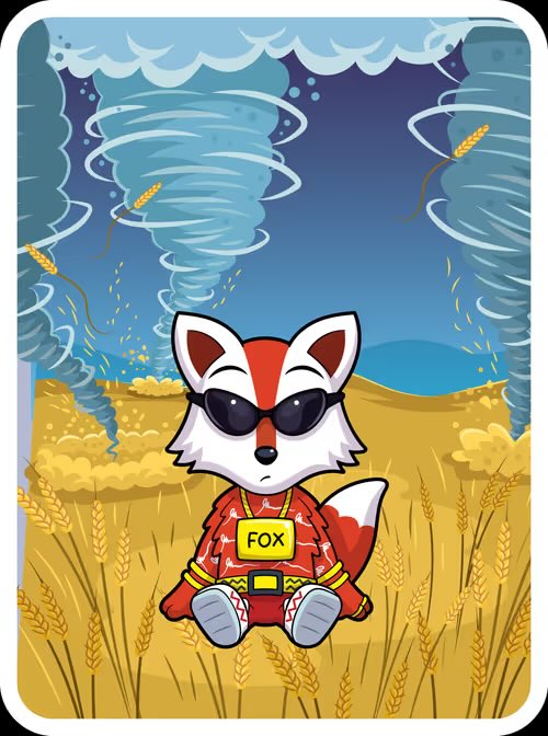 A cartoon illustration of a fox character wearing sunglasses and a red outfit with a 'FOX' label on its chest, sitting in a wheat field with tornadoes swirling in the background.