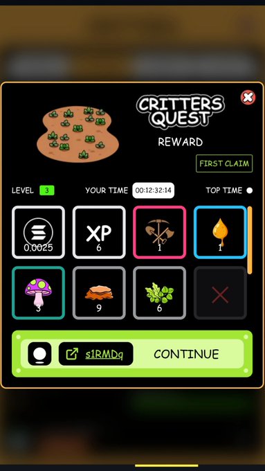 Mobile game screen showing a 'CRITTERS QUEST' reward interface with options for tokens, XP, mushrooms, sap, and a 'FIRST CLAIM' indicator.