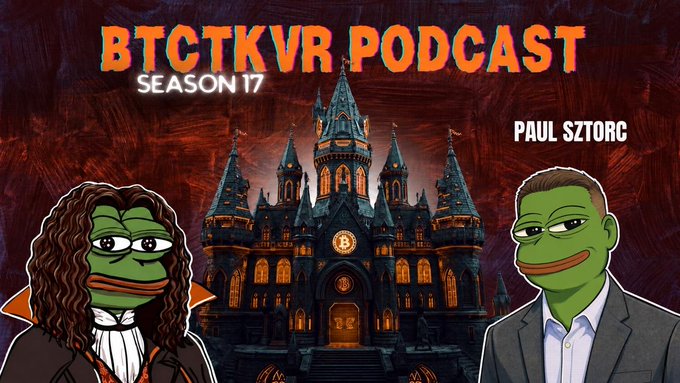 Promotional image for "BTCTKVR PODCAST SEASON 17" featuring two Pepe the Frog characters styled as a vampire (left) and businessman (right) flanking a gothic castle emblazoned with the Bitcoin logo, with "PAUL SZTORC" labeled above the suited Pepe—teasing his upcoming episode with Truthcoin covering the eCash hard fork, 12 launch drivechains, and BIP300.