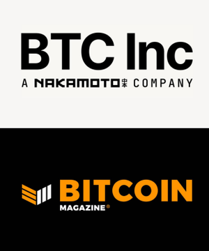 The image displays two logos: "BTC Inc, A Nakamoto Company" on top and "Bitcoin Magazine" below, branding the source of the news that Nasdaq-listed Nakamoto sold 600 BTC in Q2, with holdings now at $262M and approximately 85% pledged flat versus Q1.
