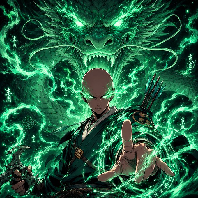 A bald monk channels glowing green spiritual energy from his fingertips as a fierce dragon spirit looms behind him, channeling the power of the Orient's mystical martial arts. The image evokes "garden" energy and stealthy dominance, fitting the post's claim that the "Garden Mafia" controls the alley with supernatural force.