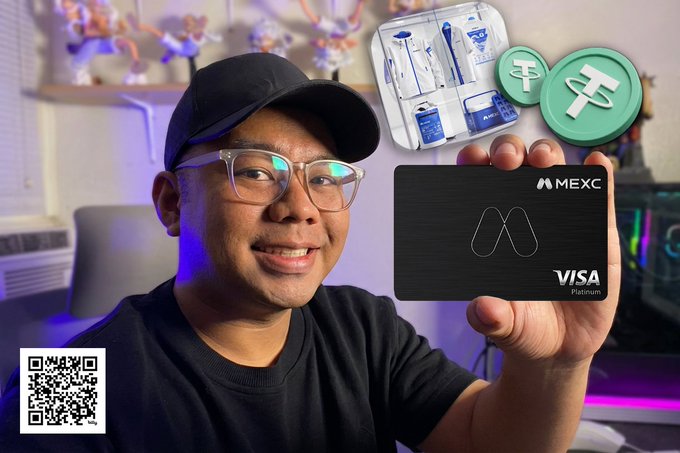 A smiling man wearing glasses and a black cap holds a black 'MEXC VISA Platinum' card, with overlaid images showing a first-aid kit and green 'T' tokens, plus a QR code in the bottom left corner.