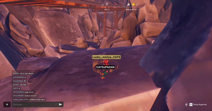 The image shows a first-person view from a video game featuring a character named "CATSxPAXAN" with the username "lucky_motya_CATS" visible in a rocky canyon environment. The post thanks @CryptoCatsApe and @ApeChainHUB for the event, with the gameplay footage likely showcasing their participation in this gaming event related to the Bubble CATS initiative.