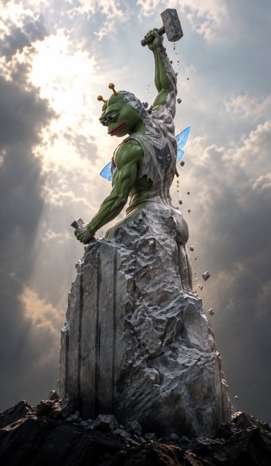 A surreal scene depicts a muscular green ogre-like creature with antennae, wearing a tattered white garment, emerging from a crumbling stone pedestal. The figure wields a hammer overhead as debris scatters around it, with small blue butterfly wings on its back, all set against a dramatic cloudy sky with sun rays breaking through.