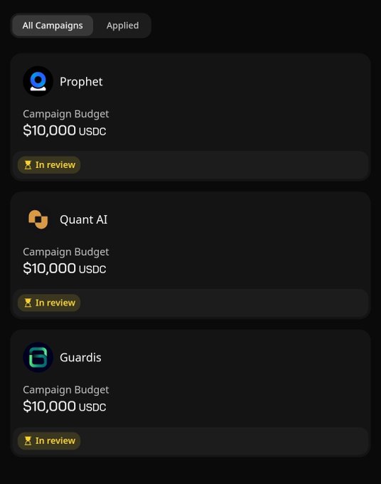 The image shows a screenshot of a phone screen displaying three different campaigns for various app developers, including Guardis, Quant AI, and Burtis. The campaigns are listed with their respective budgets and ratings. One campaign has a budget of $10,000 USC and is rated 4 stars out of 5. Another campaign has a budget of $1,000 USC and is also rated 4 stars. The third campaign has a budget of $10,000 USC but is only rated 3 stars. The post suggests that the user should focus on the campaigns with higher ratings to ensure their app's success in the market.