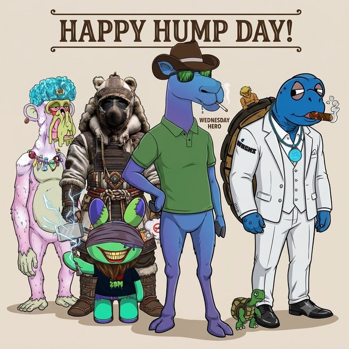 A 'HAPPY HUMP DAY!' illustration featuring a diverse lineup of cartoon characters, including a yeti, a bear in armor, a blue camel-like creature smoking a cigarette labeled 'WEDNESDAY HERO', a turtle in a white suit with a cigar, and a small green mouse.