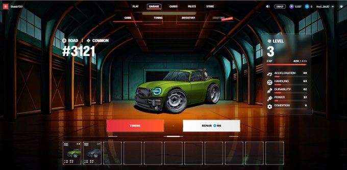 The image shows a garage menu screen from MetaRacing featuring a green car labeled "Common #3121" at Level 3, with stats like Acceleration 49, Handling 63, and Durability 62, alongside Tuning and Repair options. This screenshot illustrates the card-based racing game's garage interface mentioned in the post, where players can manage and upgrade their vehicles while completing tasks on TaskOn for rewards.