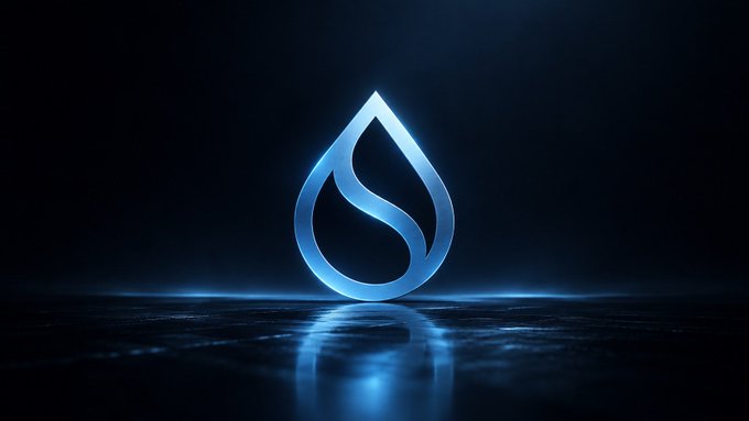 A glowing blue water droplet logo with an internal wave design, reflected on a dark glossy surface against a dark background.