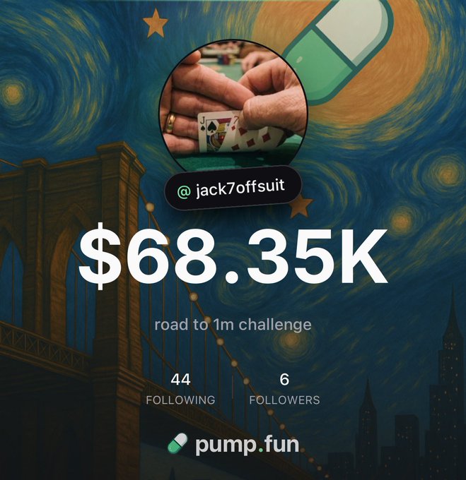 A 'pump.fun' profile card for '@jack7offsuit' showing $68.35K and 'road to 1m challenge' with 44 following and 6 followers, set against a Van Gogh 'Starry Night' style background.