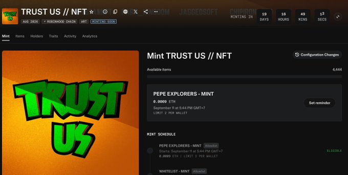 The image shows a "TRUST US // NFT" minting page with a countdown timer displaying 19 days, 18 hours, 49 minutes, and 12 seconds remaining, featuring an orange and green graffiti-style "TRUST US" logo. The page indicates a "PEPE EXPLORERS - MINT" available for 0.0809 ETH with a mint schedule that appears disabled, listing holders as "0x0009 ETH" and a winner's address amount of "EL34225.1" visible. This relates to the post discussing the mint winners and the creator's distribution of whitelist spots to the community for the Pepe Explorers NFT project.