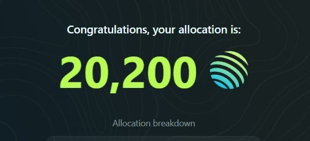 A dark screen with green text reading 'Congratulations, your allocation is: 20,200' alongside a globe logo, with 'Allocation breakdown' below.