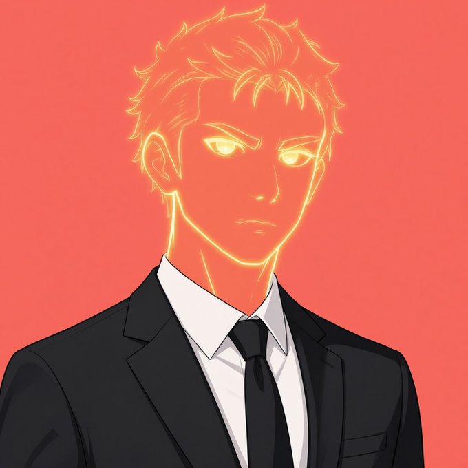 An anime-style digital illustration depicts a young man with glowing golden outline features wearing a black suit and tie against a coral-pink background.