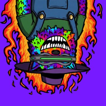A surreal, colorful illustration depicts a monstrous face with sharp teeth and rainbow fur emerging from a hat engulfed in flames against a purple background, visually symbolizing the threat of "burning" an NFT as warned in the accompanying post. The fiery imagery directly reinforces the post's warning to "$Yzzuf" about rug pulls and the promised destruction of the NFT.