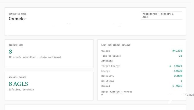 A dashboard screenshot showing a connected node '0xmelo-' with 8 QBlocks won, 12 proofs submitted, and 8 AGLS rewards earned, displaying details for block #4,370.