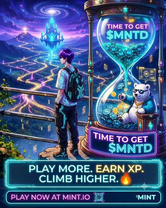Vibrant promotional graphic for '$MNTD' on mint.io featuring a character with glowing backpack, a panda in an hourglass, and text reading 'TIME TO GET $MNTD' and 'PLAY MORE. EARN XP. CLIMB HIGHER.'