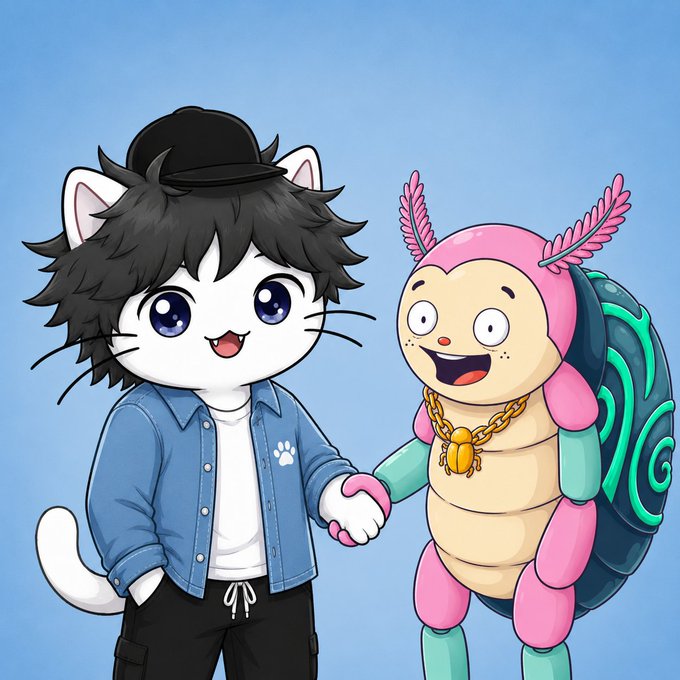 Chibi-style illustration of a white cat character in a denim jacket and cap holding hands with a pink turtle character wearing a gold chain.