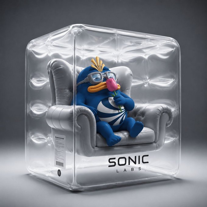 A 3D-rendered blue duck-like character wearing silver goggles sits in a silver tufted armchair inside a clear inflatable packaging cube labeled 'SONIC LABS', holding a pink tulip.