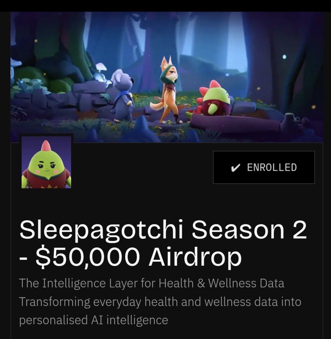 The image displays "Sleepagotchi Season 2 - $50,000 Airdrop" and shows animated characters, correlating with the post about a reward pool for content contributors. It also states "The Intelligence Layer for Health & Wellness Data".